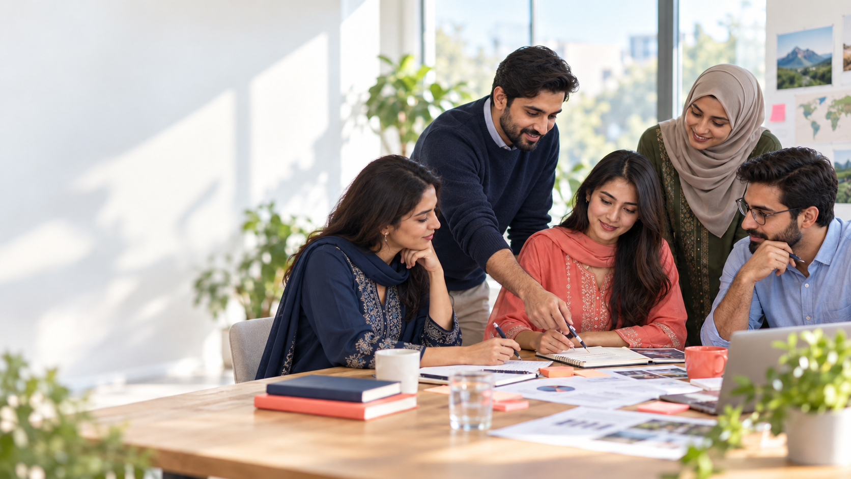 Pakistani research and wellbeing professionals reviewing a programme plan together